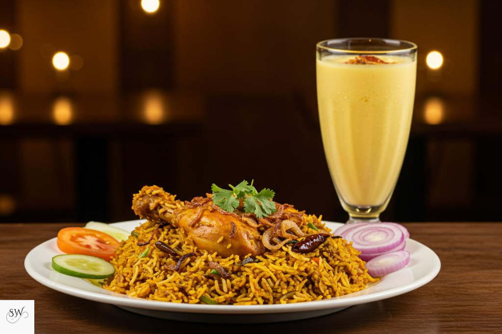 biryani with drink