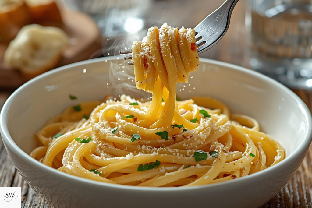 serving garlic butter parmesan pasta
