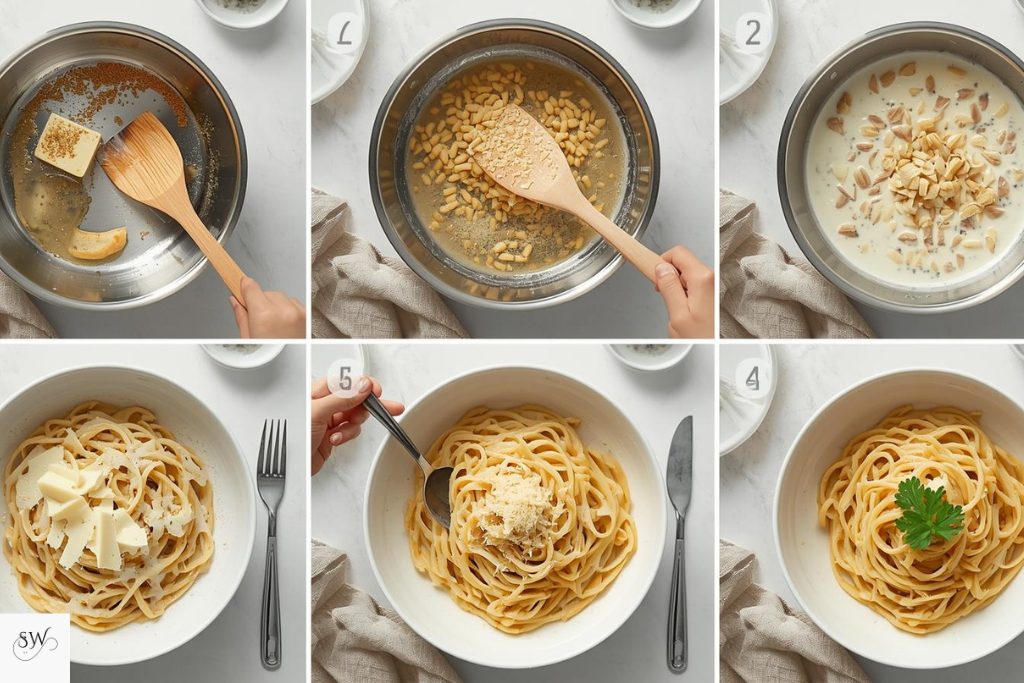 cooking steps of garlic butter parmesan pasta