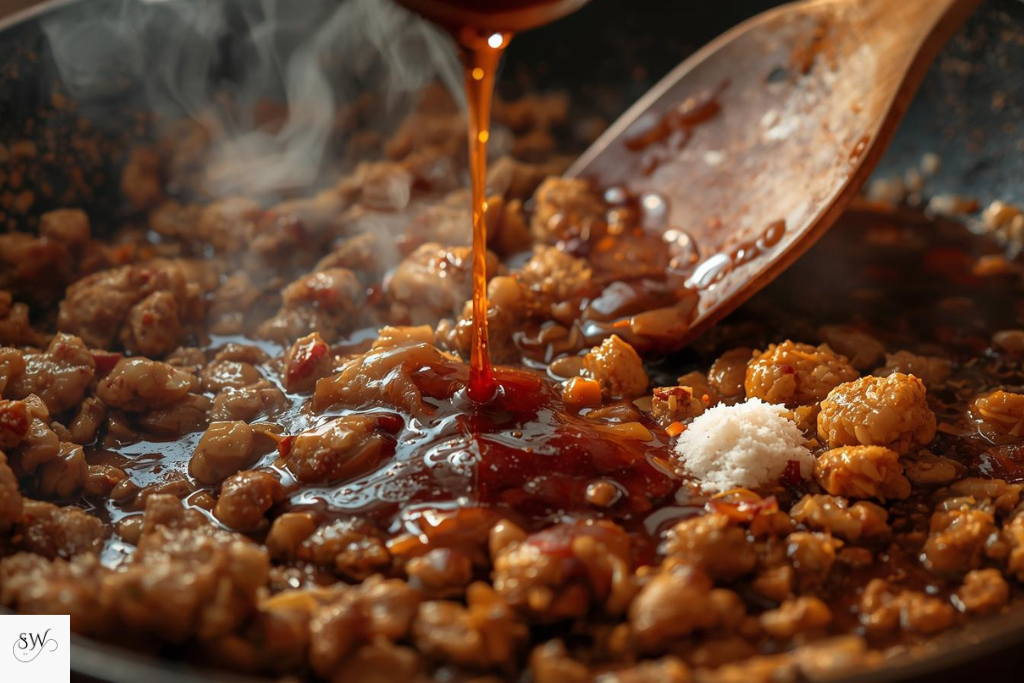 adding sauces to thai basil chicken