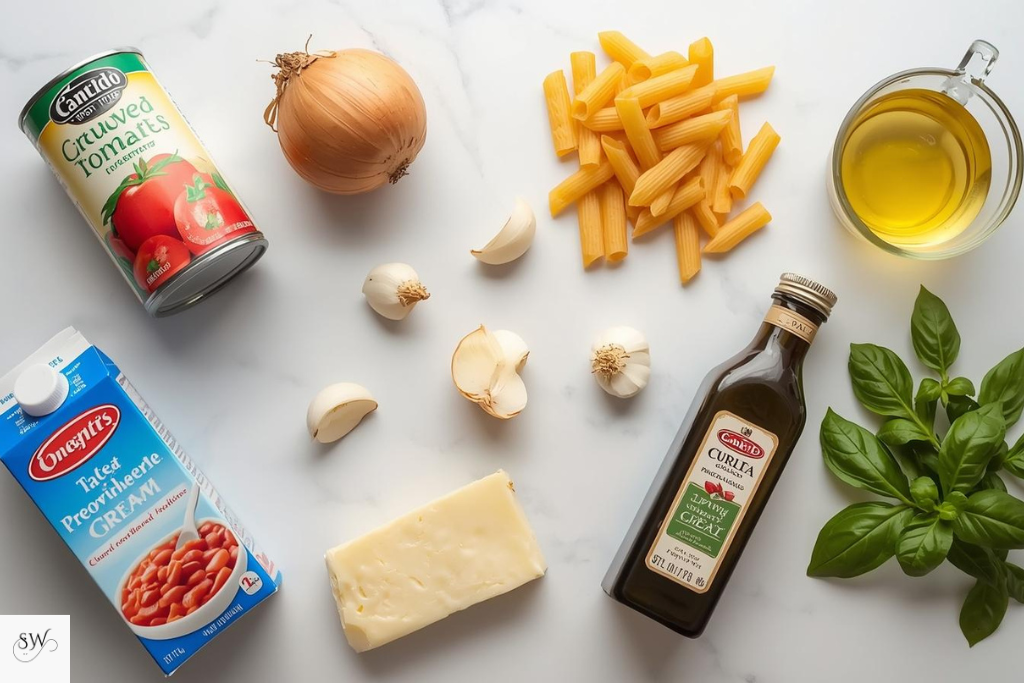 ingredients of creamy tomato pasta