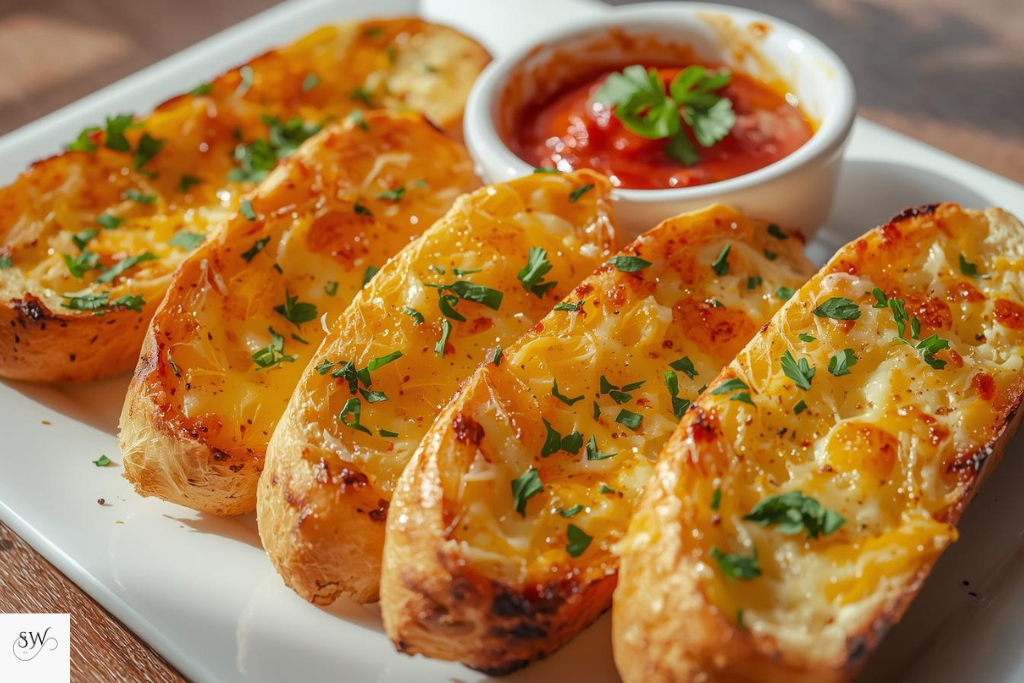 cheesy garlic bread served with dipping