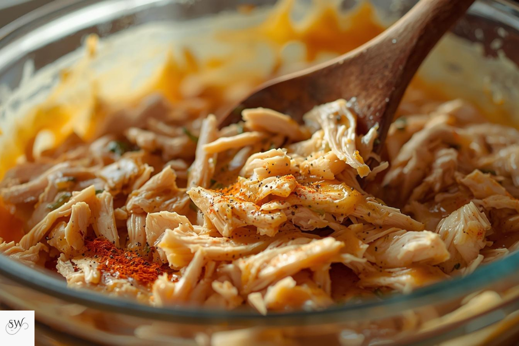 Make-ahead chicken sliders with shredded chicken, melted cheddar cheese, and buttered brioche buns on a wooden board, garnished with parsley and served with dipping sauce