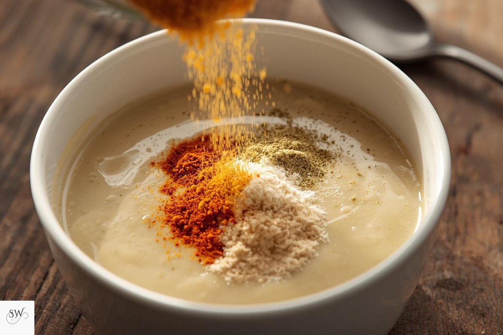 adding seasons to creamy base to make IHOP sauce recipe