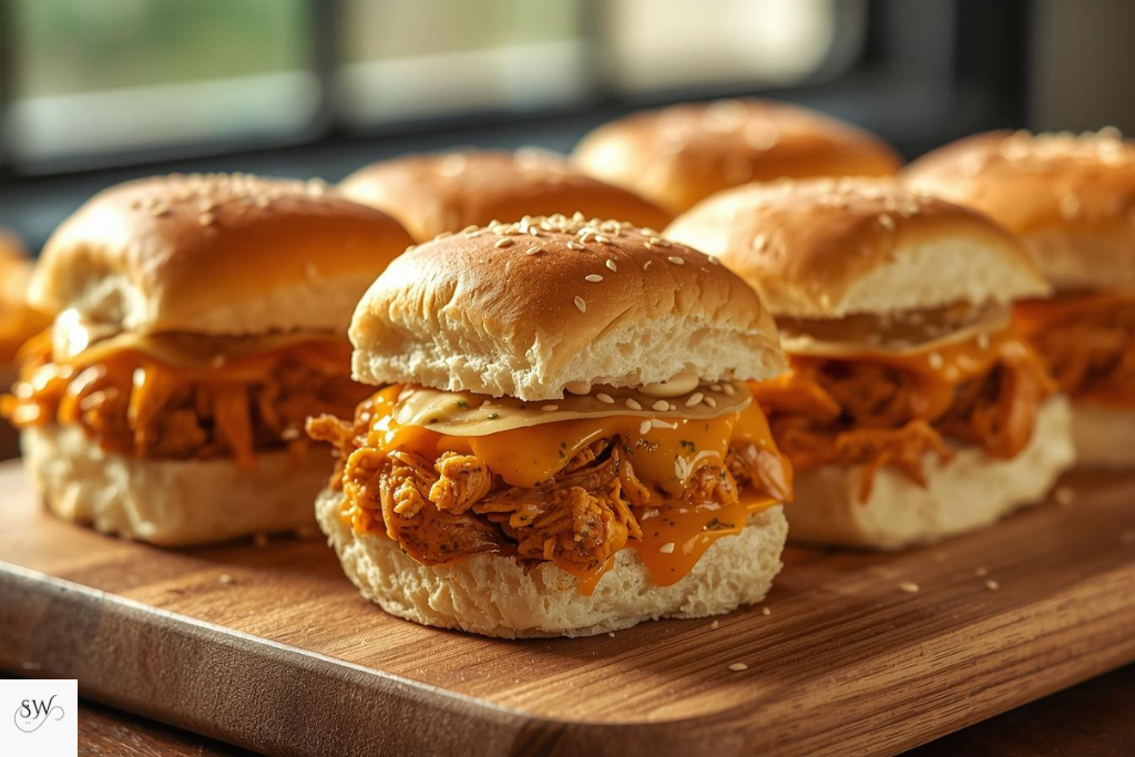 Make-ahead chicken sliders with shredded chicken, melted cheddar cheese, and buttered brioche buns on a wooden board, garnished with parsley and served with dipping sauce