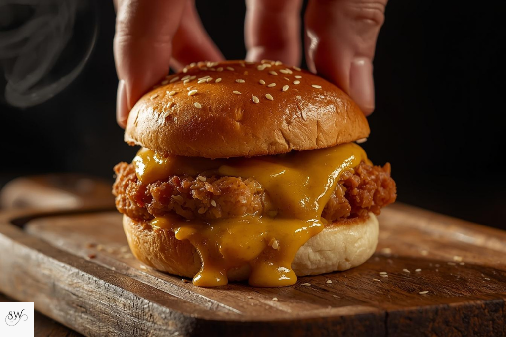 Make-ahead chicken sliders with shredded chicken, melted cheddar cheese, and buttered brioche buns on a wooden board, garnished with parsley and served with dipping sauce